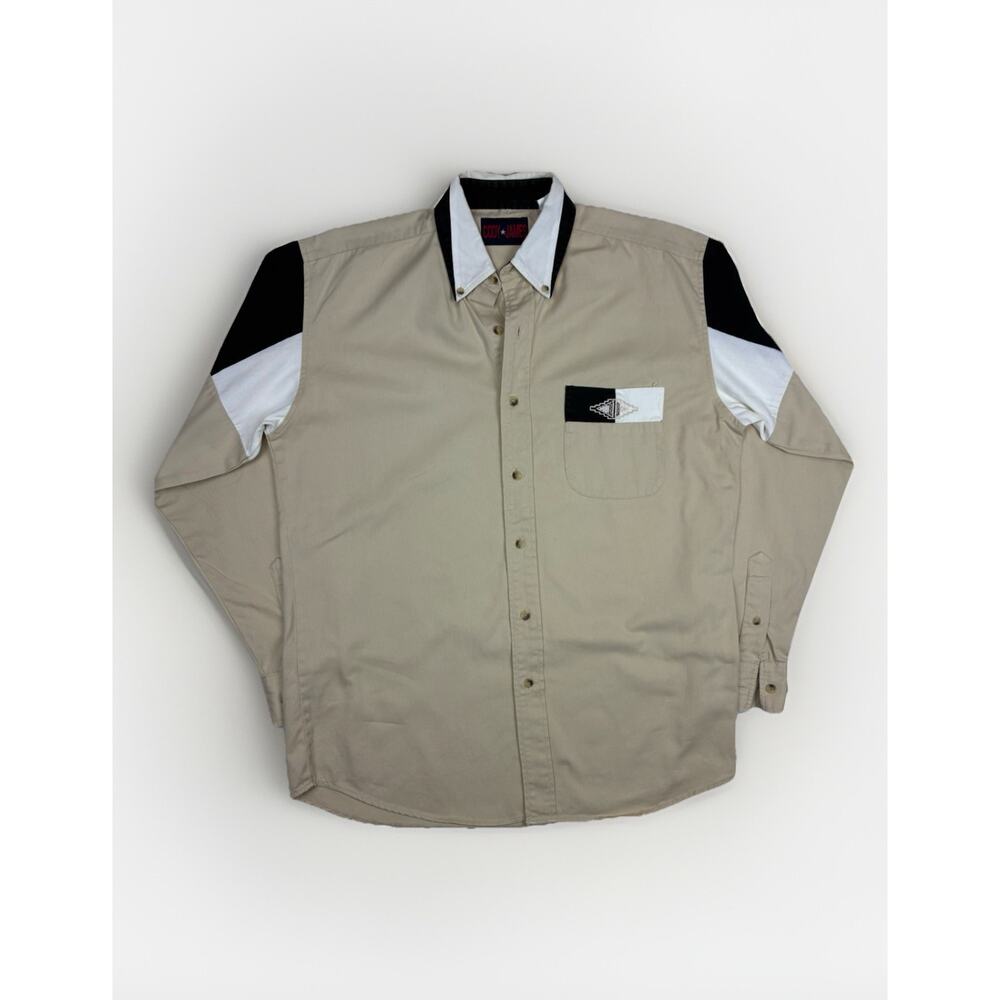 Vtg Y2K Cody James Mens Western Colorblock Button Up Embroidered Beige Black